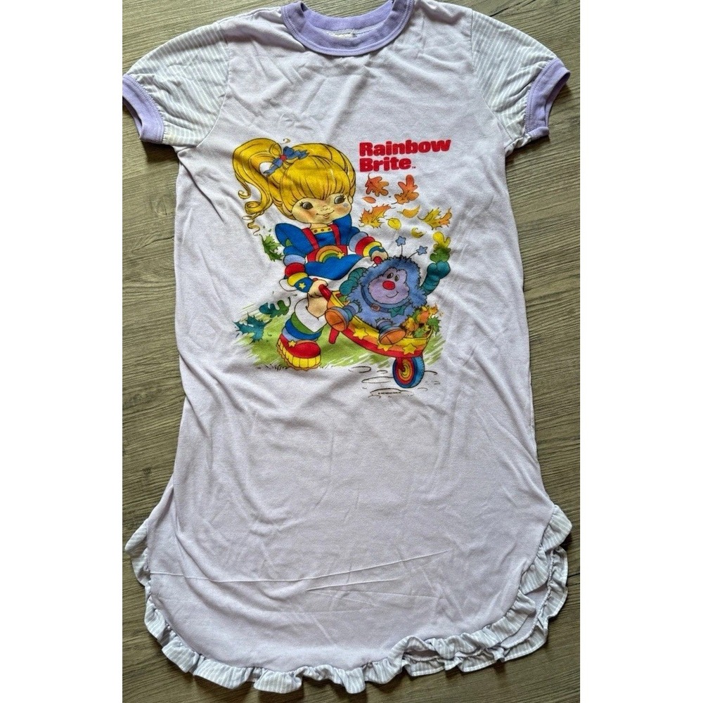 Vintage Rainbow Brite Girls Nightgown Size 14 Purple Ruffle Pajama Gown 1984